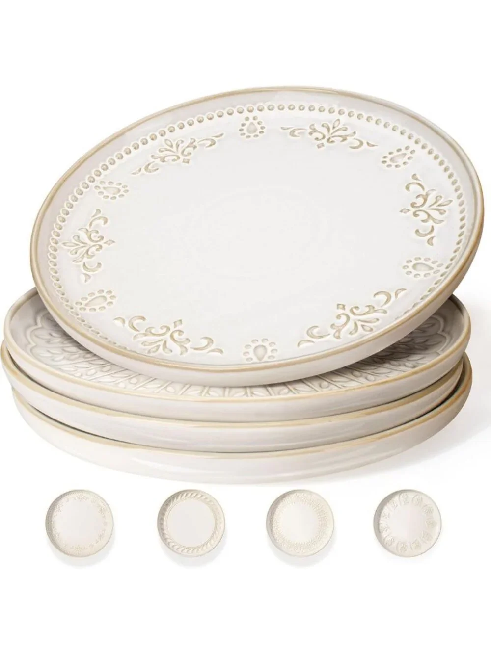Set of 4 Large Embossed Ceramic Dinner Plates, 10.75 Inch, Dishwasher